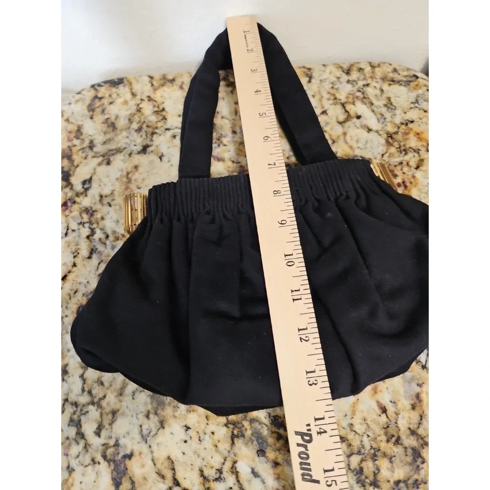 Vtg‎ 1940's Black Cloth Purse Handbag w/Gold accents to open